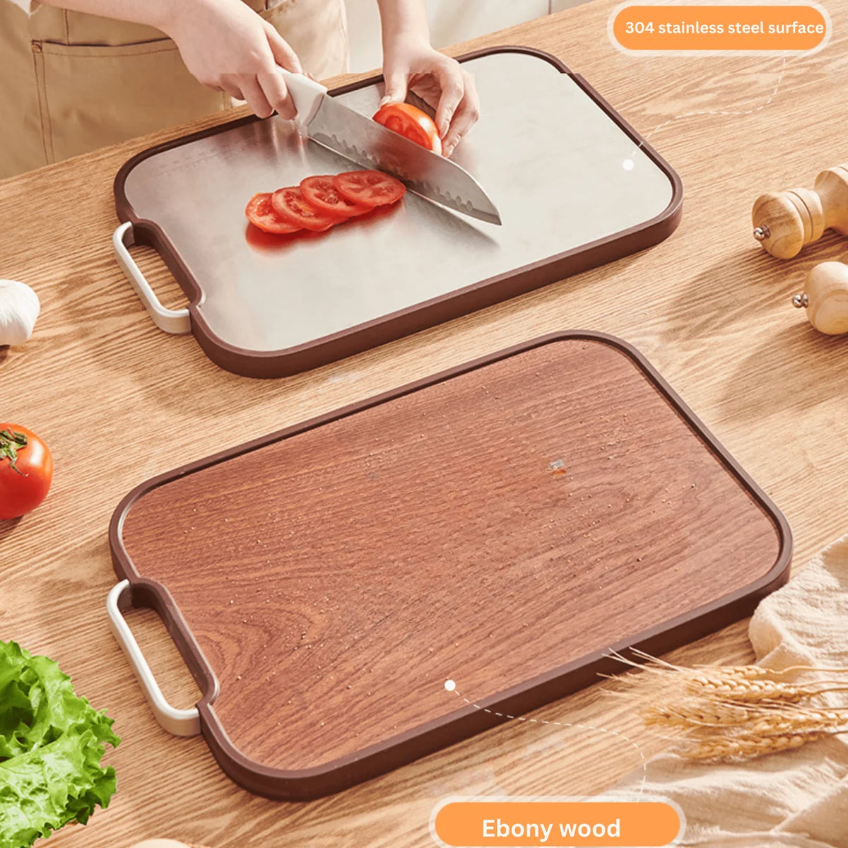 Multi-Function Ebony Stainless Steel Double-Sided Cutting Board (40cm)