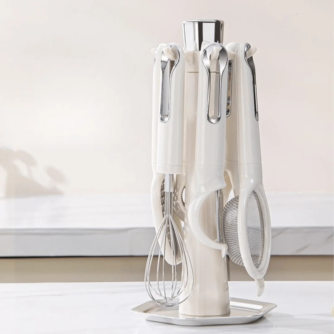 Multi-Functional 7-Piece Stainless Steel Kitchen Tools Set with Stand