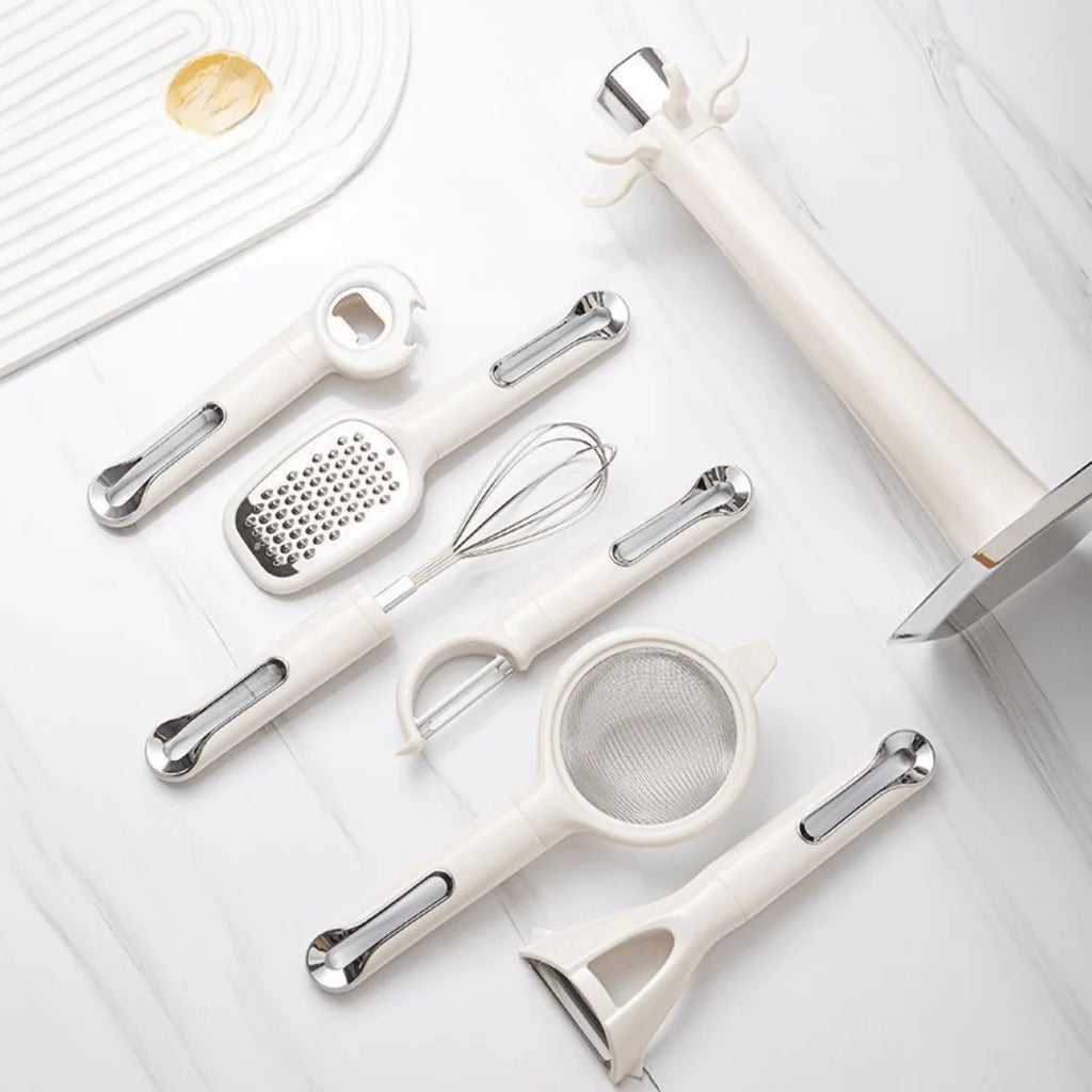 Multi-Functional 7-Piece Stainless Steel Kitchen Tools Set with Stand