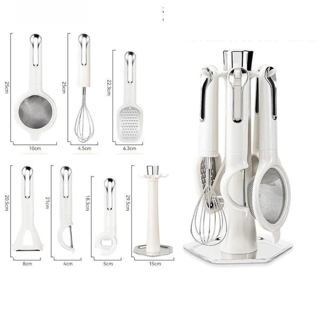 Multi-Functional 7-Piece Stainless Steel Kitchen Tools Set with Stand